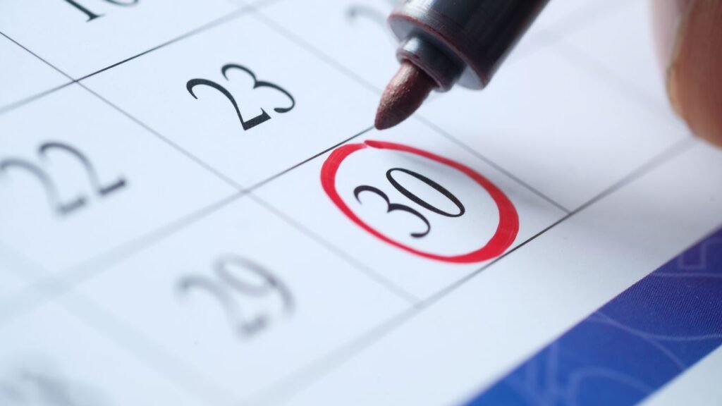 An image of a calendar with the number 30 ringed