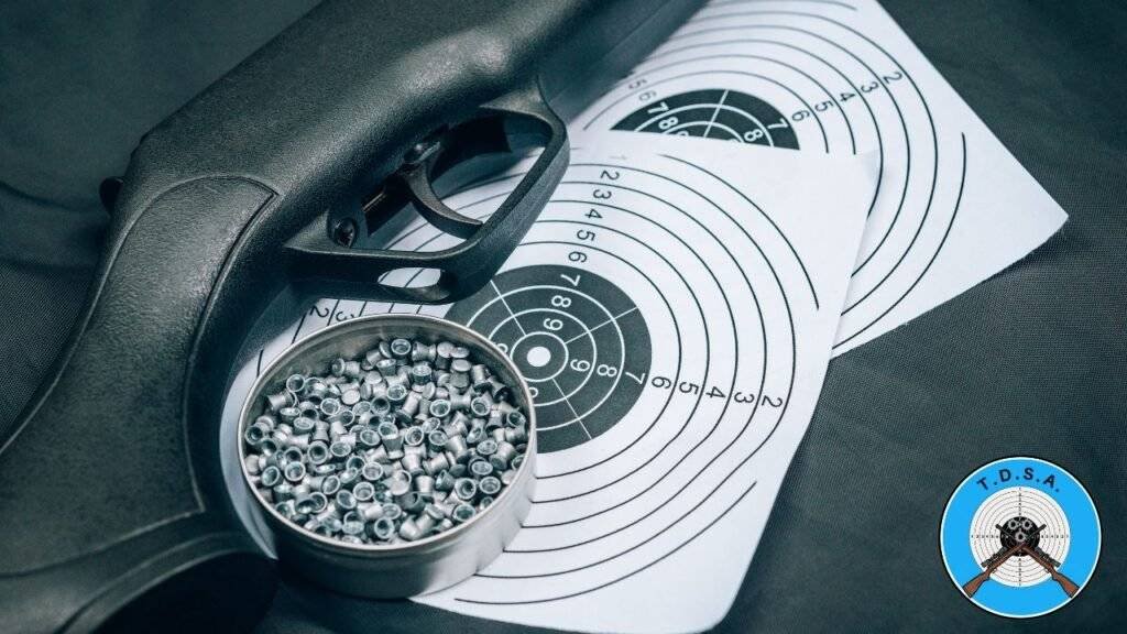 an air rifle lies beside some pellets and targets