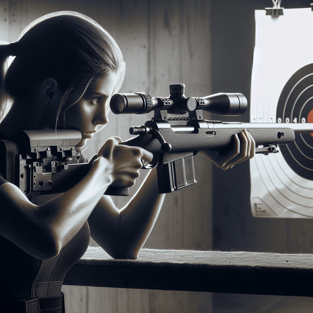 A Young Lady stands with a rifle in front of a target